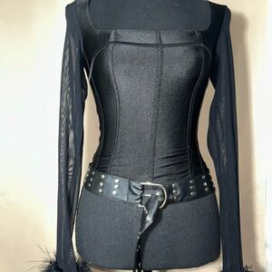 Black Long Sleeve Corset Top with Studded Belt